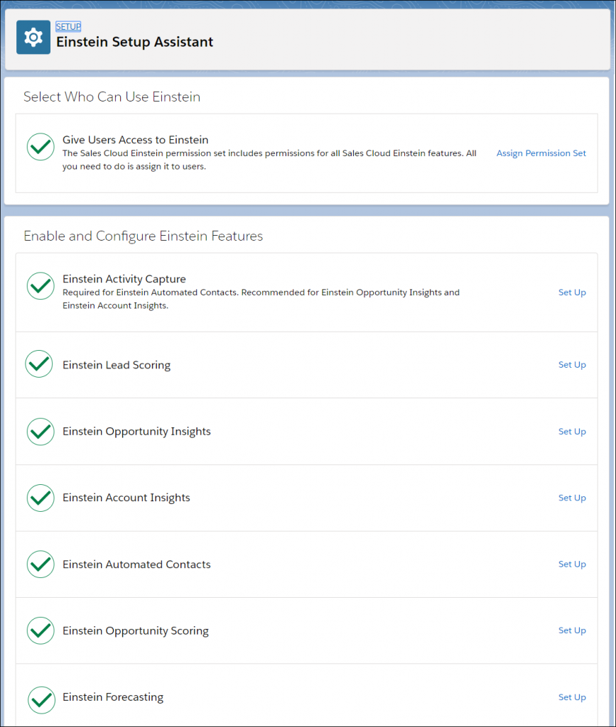 Einstein Setup Assistant screen showing green check marks next to all features that users can enable and configure