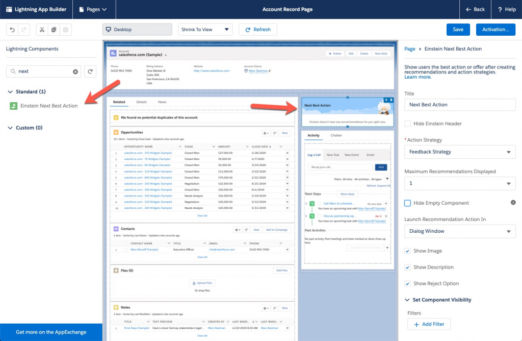 A Salesforce account record page with arrows that point to how to add the Einstein Next Best Action standard component to the record page