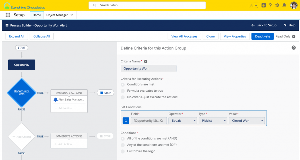  Alt text: Screenshot of Process Builder in Setup, creating a new process on the Opportunity object with the conditions set to Status equals picklist value Closed Won.