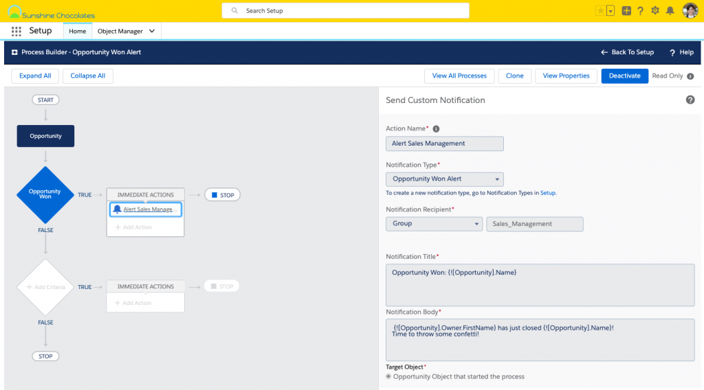  Alt text: Screenshot of Process Builder with custom notification as Immediate Action and custom notification tile and body using merge fields.