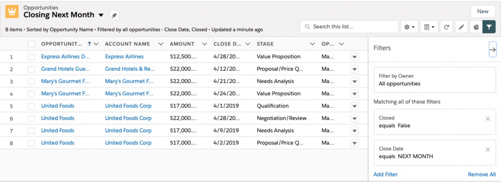 screenshot of Salesforce with Opportunities Closing Next Month list view