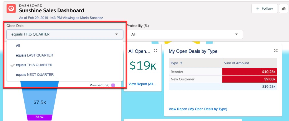 Sunshine Sales Dashboard showing relative dates