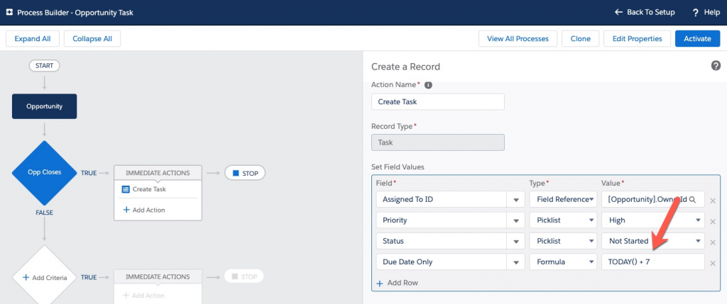 screenshot of relative dates in Process Builder