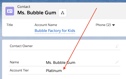 Salesforce contact record for Ms. Bubblegum as an example