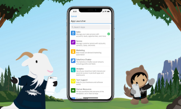 Salesforce mobile app on an iPhone X screen with Trailhead characters Cloudy on the left and Astro on the right