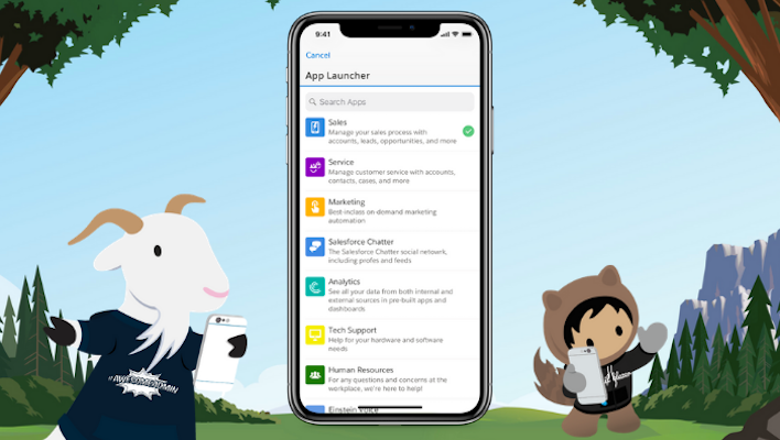 Salesforce mobile app on an iPhone X screen with Trailhead characters Cloudy on the left and Astro on the right