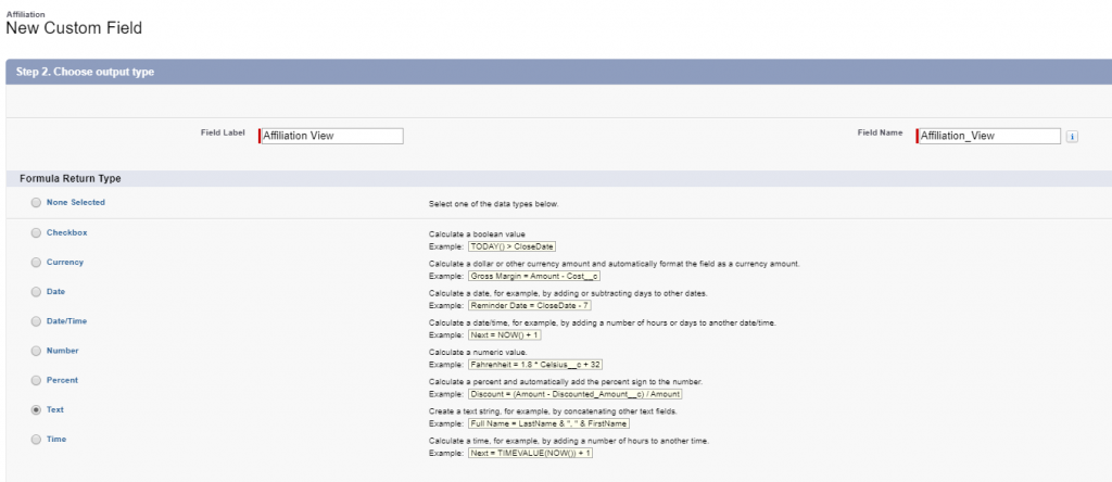 Creation of new custom formula field with text return type