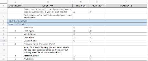 A spreadsheet with a column of questions, and two other columns for the short version and long version of the application