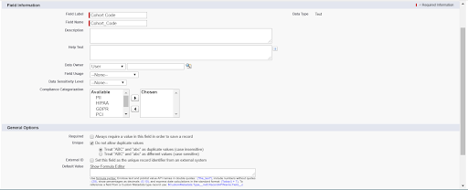 The Salesforce field editor for the Cohort Code field. 