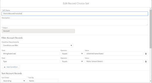 A flow Edit Record Choice Set page. Condition Requirements are 