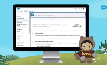 Astro standing on the grass with a Salesforce blue background holding a security sign. There is a Mac monitor with a screenshot of the new Multi Factor Authentication Assistant shown