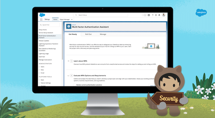 Astro standing on the grass with a Salesforce blue background holding a security sign. There is a Mac monitor with a screenshot of the new Multi Factor Authentication Assistant shown