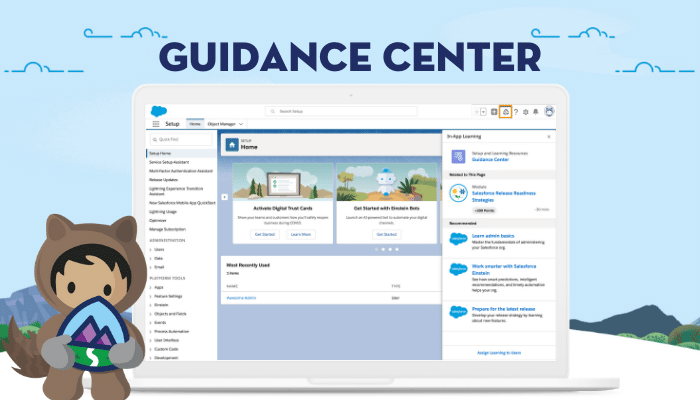 Astro holding Trailhead icon standing in front of a laptop with the Guidance Center on the screen