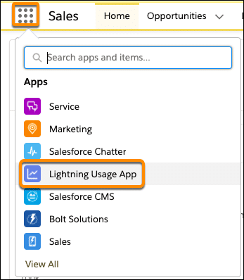 The App Launcher menu with Lightning Usage App selected