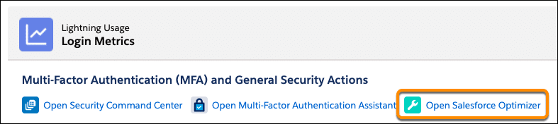 Login Metrics tab header with links to actions; the link for Open Salesforce Optimizer is selected