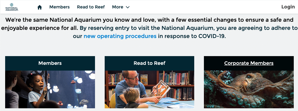 Screenshot of the website home page of the National Aquarium