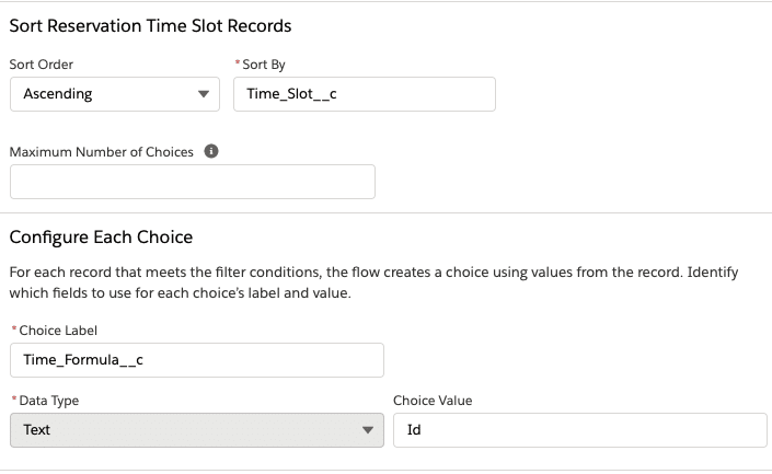 Flow configuration options for entry time Record Choice Set