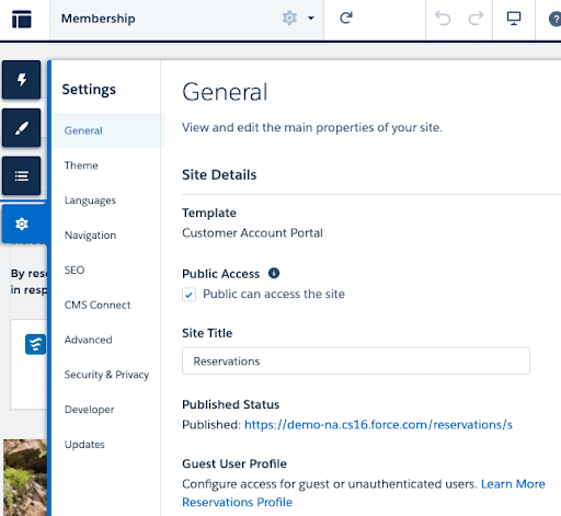 Digital Site settings configuration options