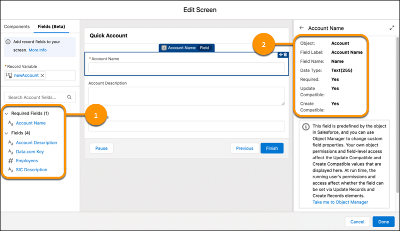 Screenshot showcasing how you can drag a record field onto a flow screen and everything will automatically be configured for you.