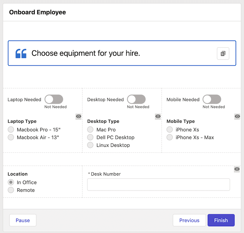 The canvas of a screen element in Flow Builder. Every component on the screen has a visual preview. Some of the components have an eye icon decorating the corner of the component, which means the component has a visibility rules applied.