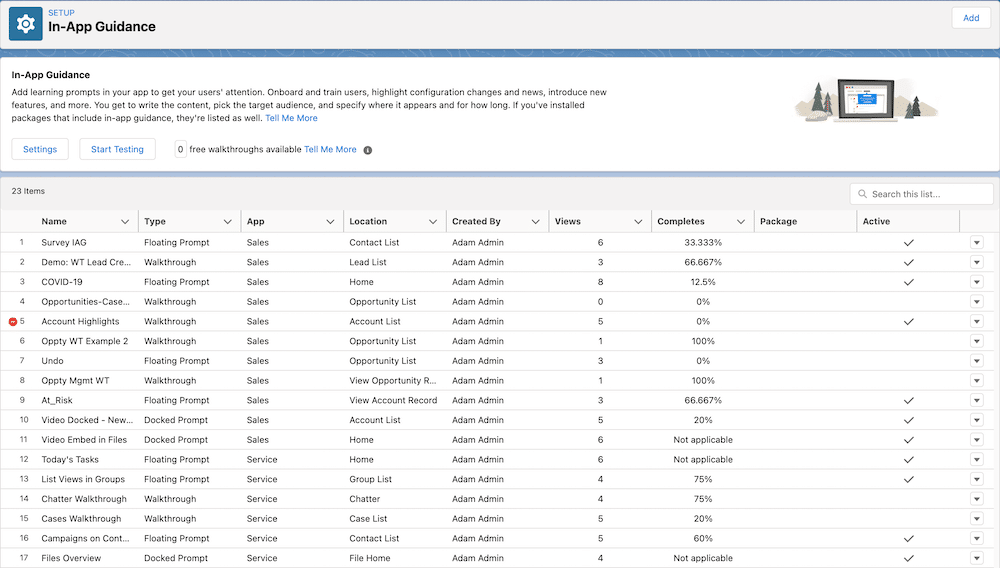 Screenshot showcasing how prompts and walkthroughs can be tracked through your own custom report or dashboard or our pre-build solutions from the AppExchange. 