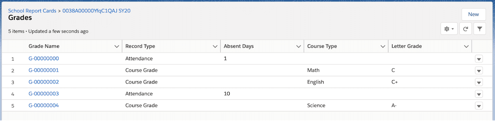 A Grades related list with five columns, about half of which are blank for each row because they are different record types.