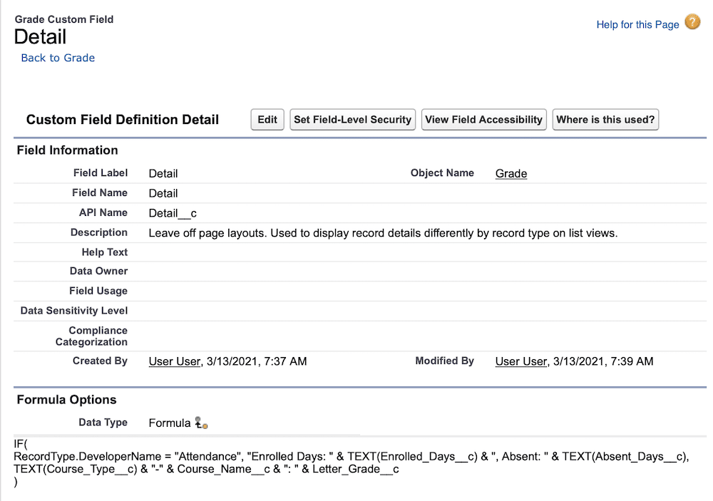 Field definition page for Detail__c, a formula field.