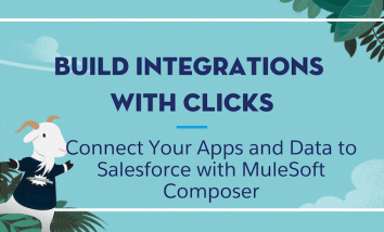 Cloudy wearing an Awesome Admin t-shirt standing next to text that says "Build Integrations with Clicks: Connect Your Apps and Data to Salesforce with MuleSoft Composer."