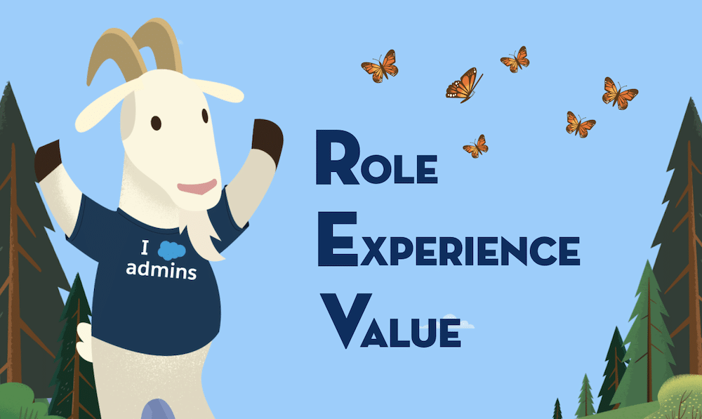 Cloudy with their arms up standing next to text that says "Role Experience Value."