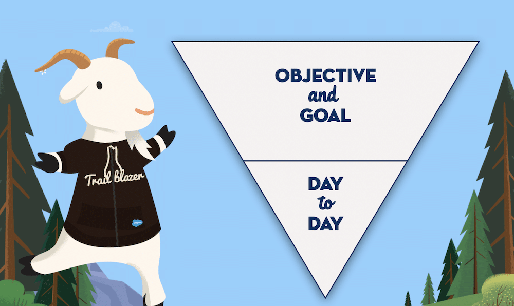 Cloudy standing next to an upside down triangle broken into two parts. The top says "Objective and Goal" and the bottom says "Day to Day." 