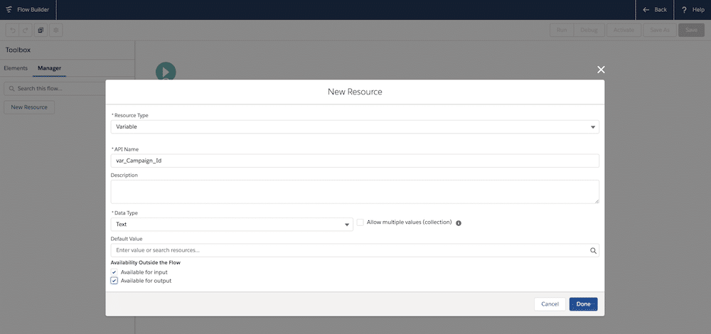 Screengrab showcasing how you can create a variable to hold the Campaign record ID being passed to the report URL. 