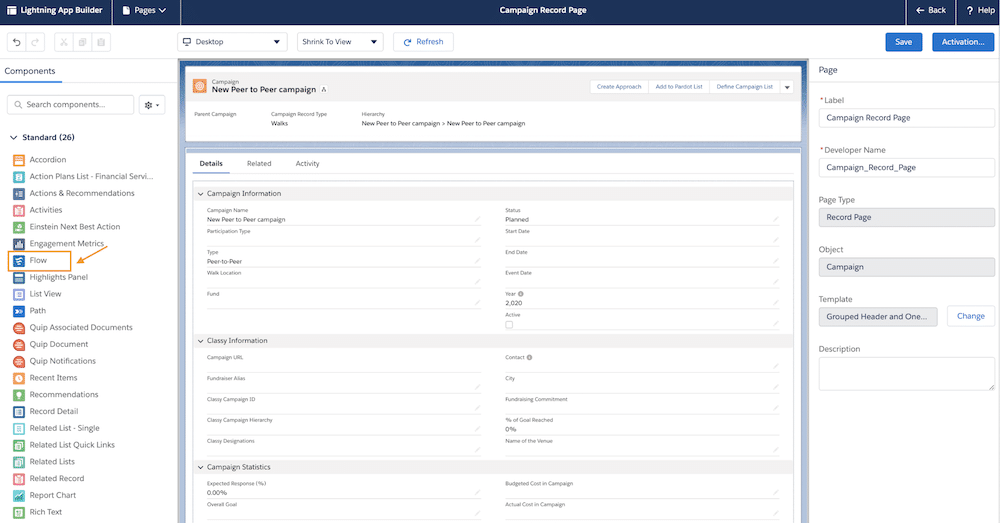 Image of the flow being moved to the Lightning record page to see it in action. 