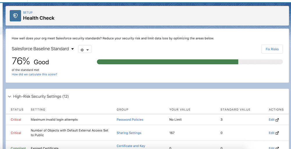 Image showcasing the Health Check security tool. The screenshot shows an example of an org that scored a 76%. 