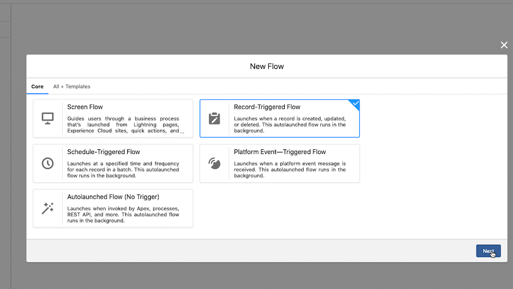 Screenshot showcasing how you select a record-triggered flow. 