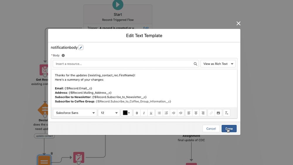 Screenshot showcasing the new text template resource with information such as email, address, subscribe to newsletter, and subscribe to coffee group. 