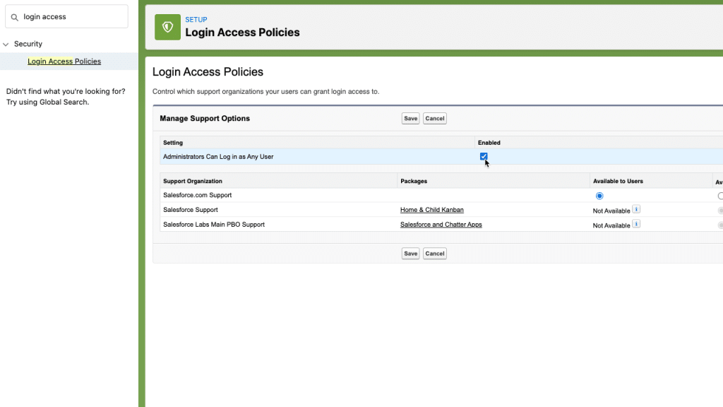 Configure login access policies in Salesforce setup