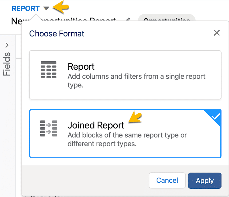 Changing a report into a joined report. 