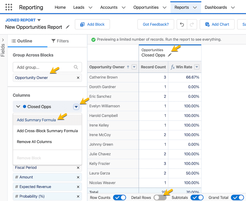 Steps for grouping by Owner and adding summary formula for Win Rate. 