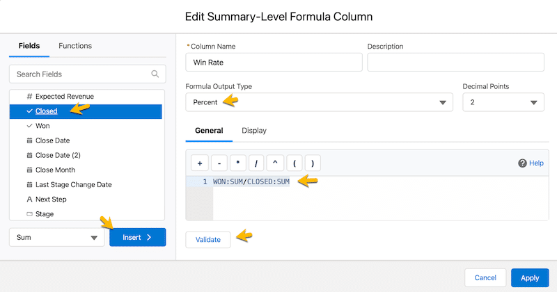 Creating a summary formula using the Action pulldown menu. 