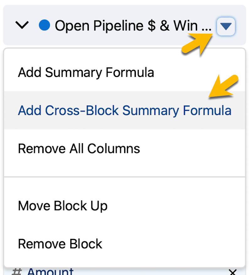 Adding a cross-block formula by clicking the Action menu pulldown. 