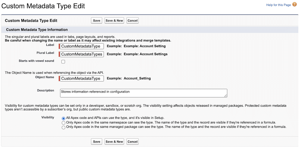 Creating a new custom metadata type.