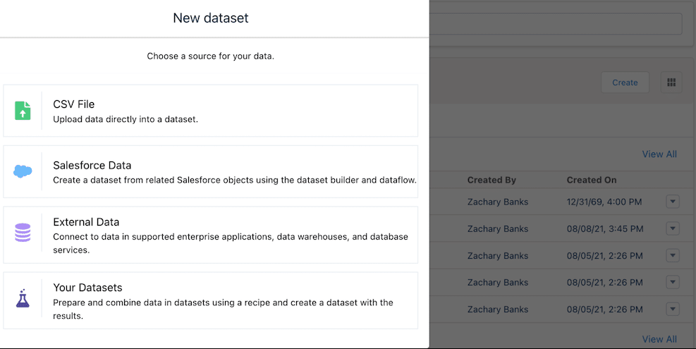 Creating a dataset in Tableau CRM. 