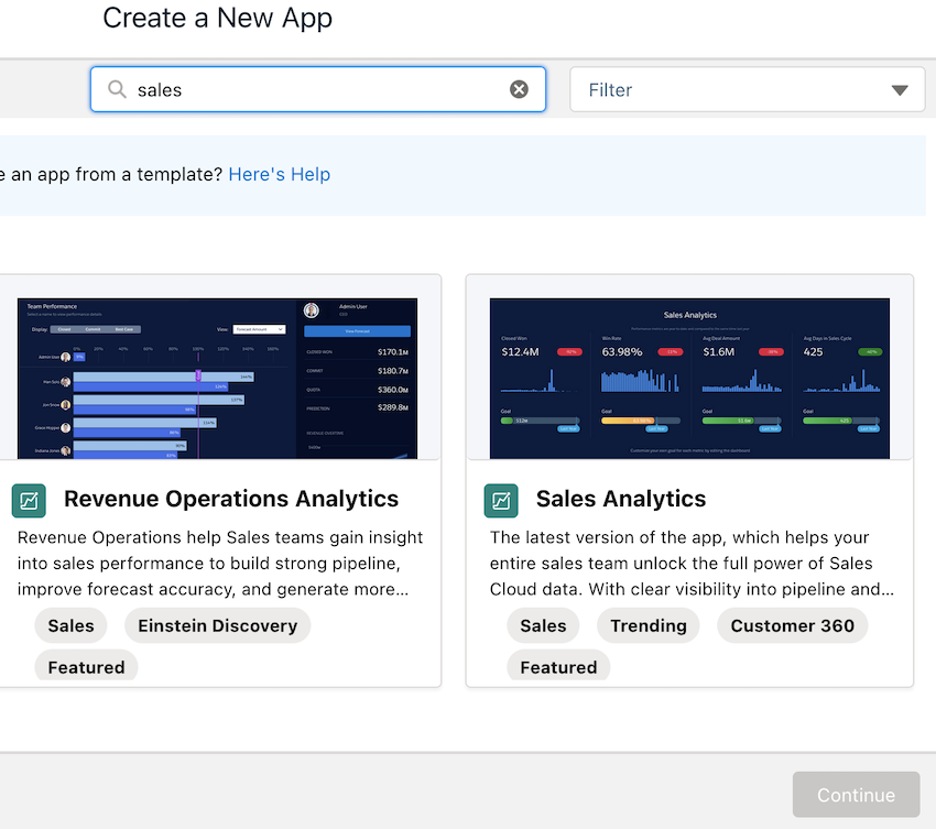 Search for the Sales Analytics App and click Continue twice. 