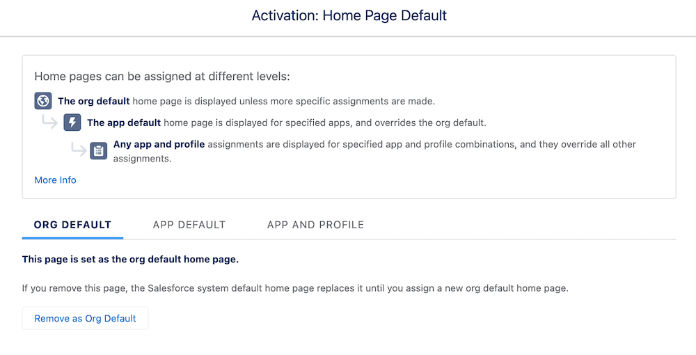 Screen showcasing how home pages can be assigned at different levels. 