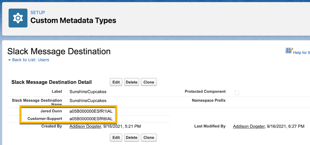 The configured custom metadata type storing the Slack message destination Ids.