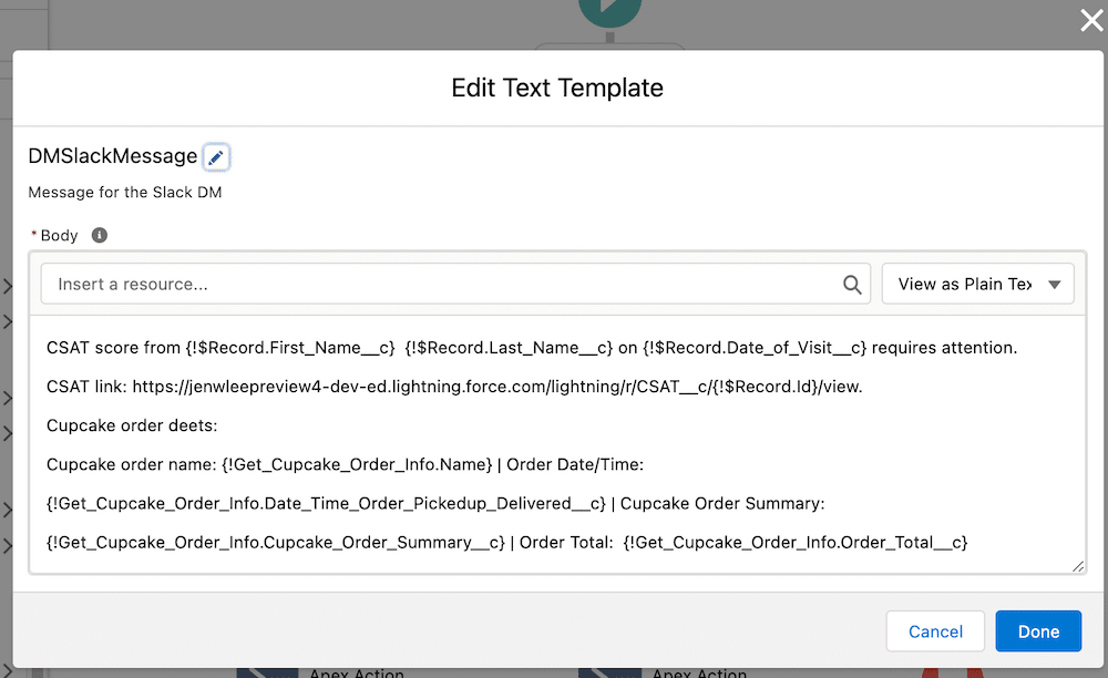 Configured DMSlackMessage text template Flow element.