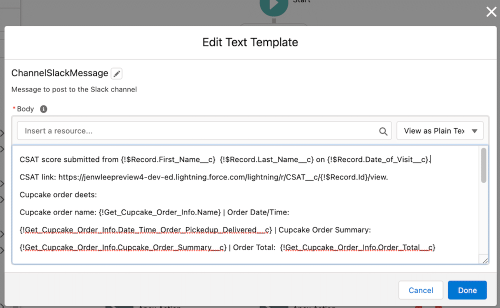 Configured ChannelSlackMessage text template Flow element.