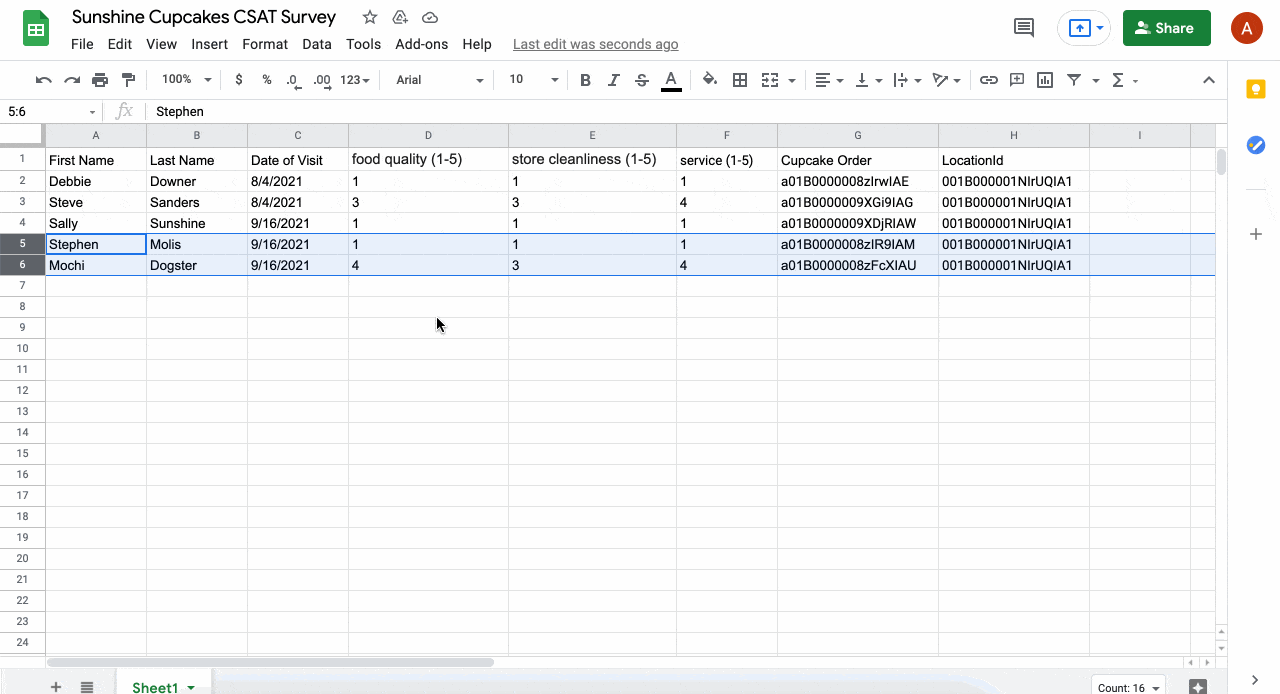 End to end experience — survey result in Google Sheets, record creation in Salesforce, and Slack DM and channel post.