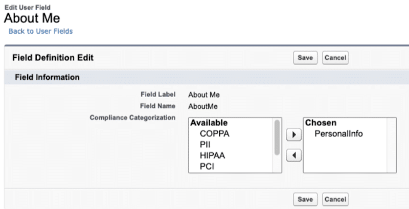 The About Me custom field and the Compliance Categorization attribute.