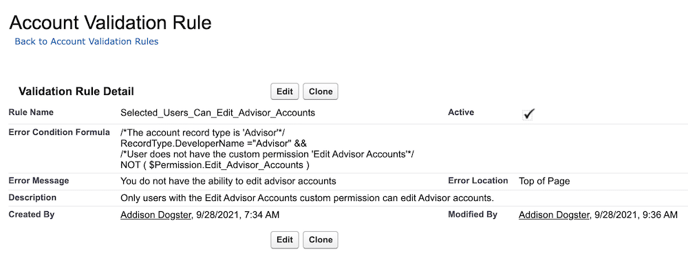 The configured account validation rule.